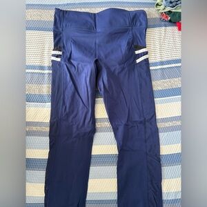 Fabletics Navy Blue Athletic Leggings with Striped Detail